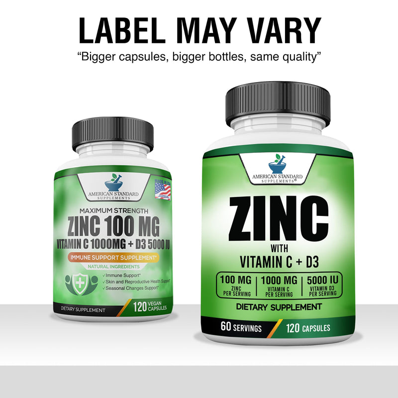 American Standard Supplements Zinc 100mg, Vitamin C 1000mg, and Vitamin D3 5000 IU (125mcg) Per Serving - Gluten Free, Non-GMO, 120 Capsules, 60 Servings 120 Count (Pack of 1) - BeesActive Australia