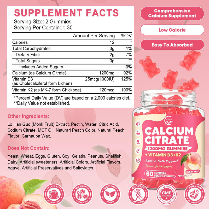 Calcium Citrate Gummies 1200 mg with Vitamin D3, K2 for Women & Men | High Absorption Calcium Supplements or Bone, Muscle & Immune Support, Sugar Free, Vegan, Peach Flavor, 60 Chews, 2 Pack
