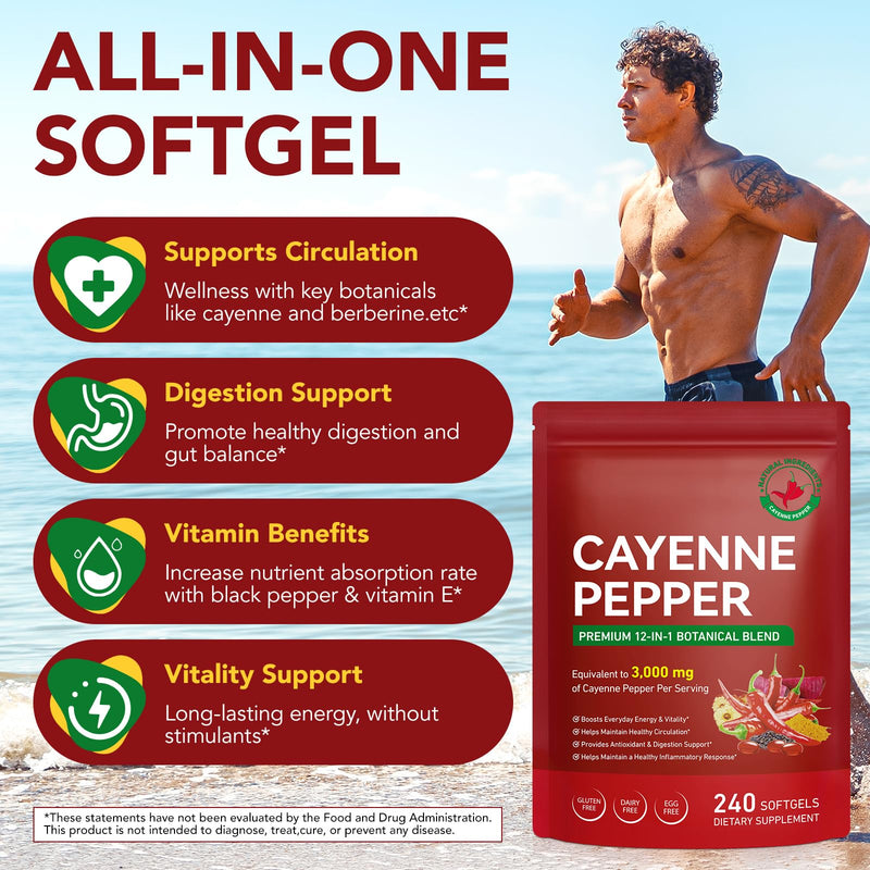 Cayenne Pepper Capsules with Turmeric & Beetroot – 12-in-1 Formula with Black Pepper Extract for Absorption – Vitamins D3, K2 & E – Supports Circulation & Antioxidant – 240 Softgels (80-Day Supply) Cayenne Pepper + Complex