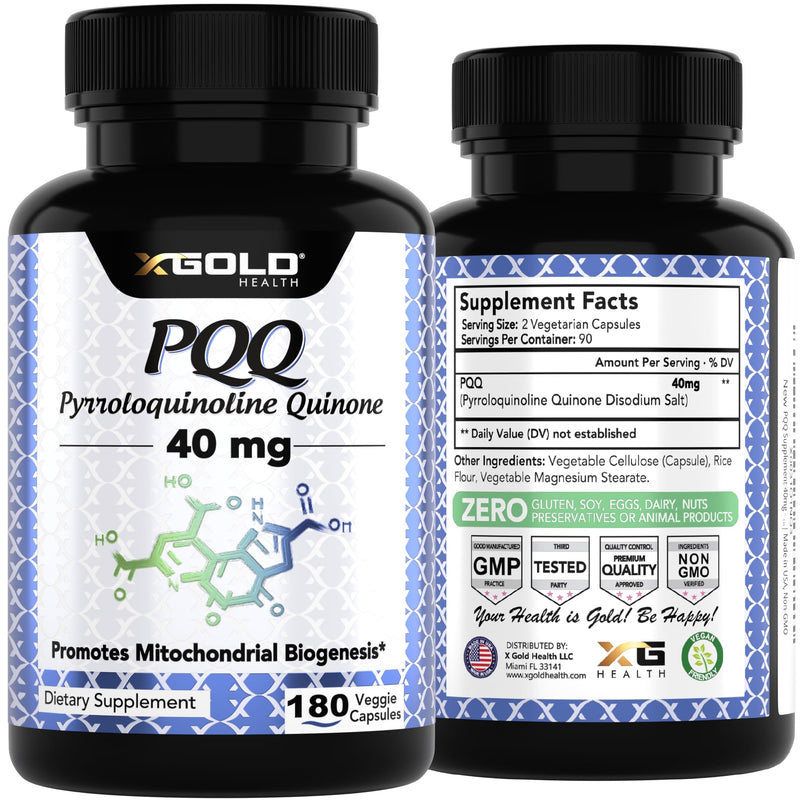 X Gold Health PQQ 40mg Supplement – Mitochondrial Energy Booster & Cellular Energy Support – Pyrroloquinoline Quinone – Brain & Focus Support – Non-GMO, Gluten-Free – 180 Veg Capsules 180 Count (Pack of 1)