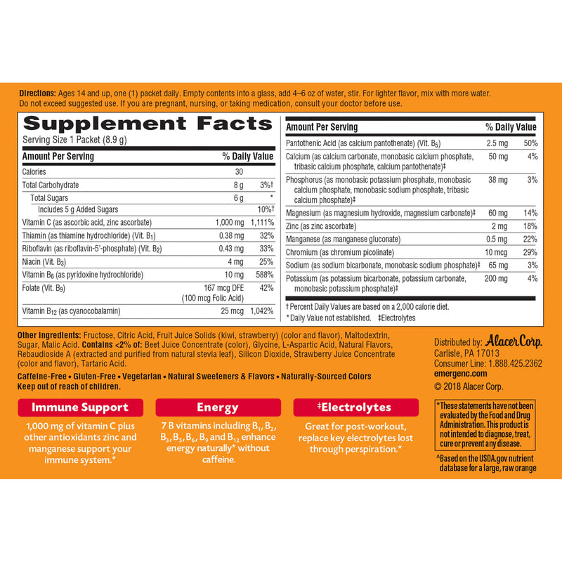 Emergen-C 1000mg Vitamin C Powder, with Antioxidants, B Vitamins and Electrolytes, Vitamin C Supplements for Immune Support, Caffeine Free Fizzy Drink Mix, Strawberry Kiwi Flavor - 30 Count - BeesActive Australia