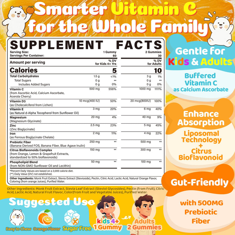 Liposomal Vitamin C Gummies 500mg 1000mg for Kids & Adults, Sugar Free | 3 Forms of Vitamin C + Zinc, D3, Iron, Gentle Buffered Chewable Vit C Supplement, Immune Support, High Absorption, 120 Count 60 Count (Pack of 2)
