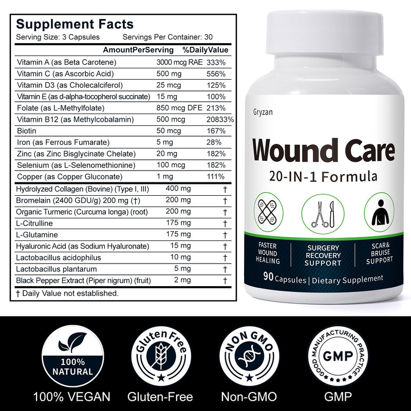 Wound Healing Supplement, Scar & Wound Care, General and Plastic Surgery Support, Heal Faster & Aids in Recovery Time - 90 Vegan Caps