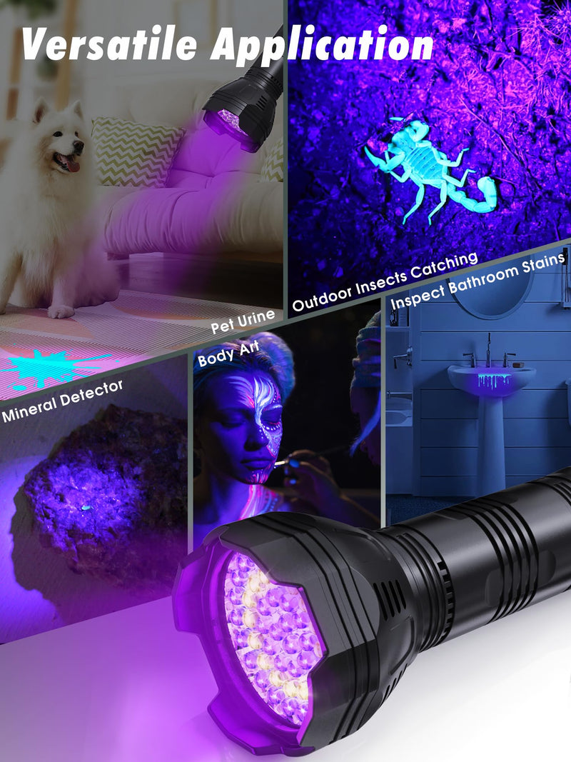 Mesqool UV Flashlight Rechargeable, 51 LED 365nm & 395nm Dual UV Blacklight Flashlight for Cat, Dog, Pet Urine Detector, Resin Curing, Dry Stains, Bed Bug, Scorpion Finder (Built in Battery) - BeesActive Australia