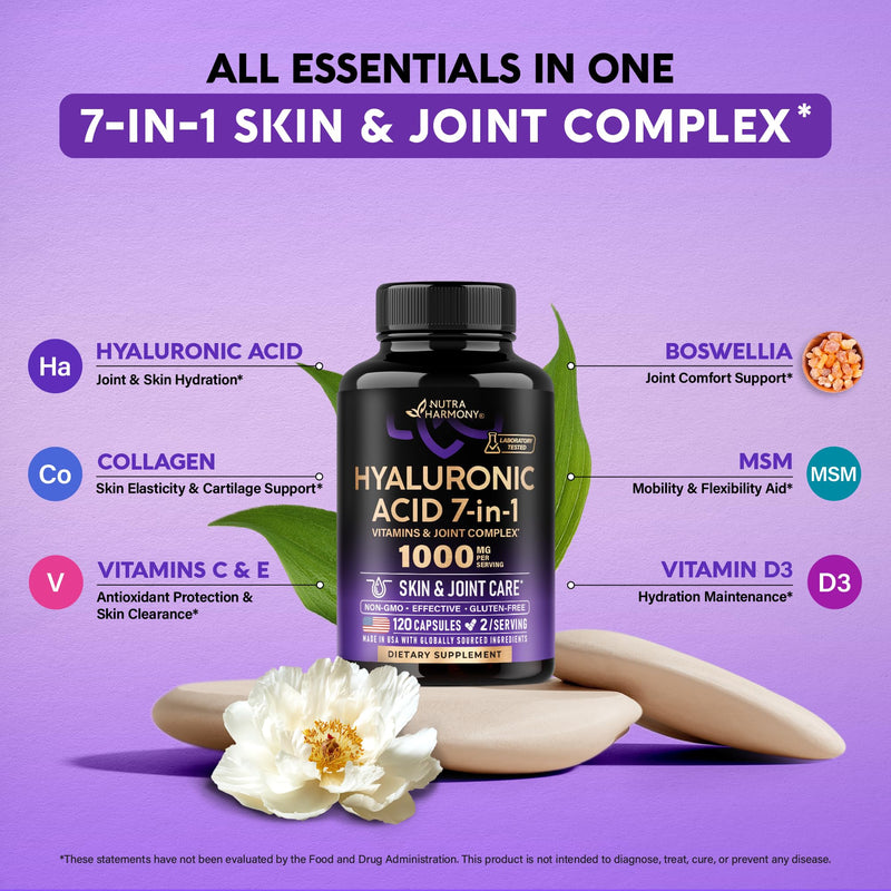 Hyaluronic Acid Supplements 1000 mg - Collagen | MSM | Boswellia | Vitamin D3, C & E - Hyaluronic Acid Capsules - Skin Hydratation & Joint Comfort Support - 7-in-1 Complex - Made in USA - 120 Capsules 120 Count (Pack of 1) - BeesActive Australia