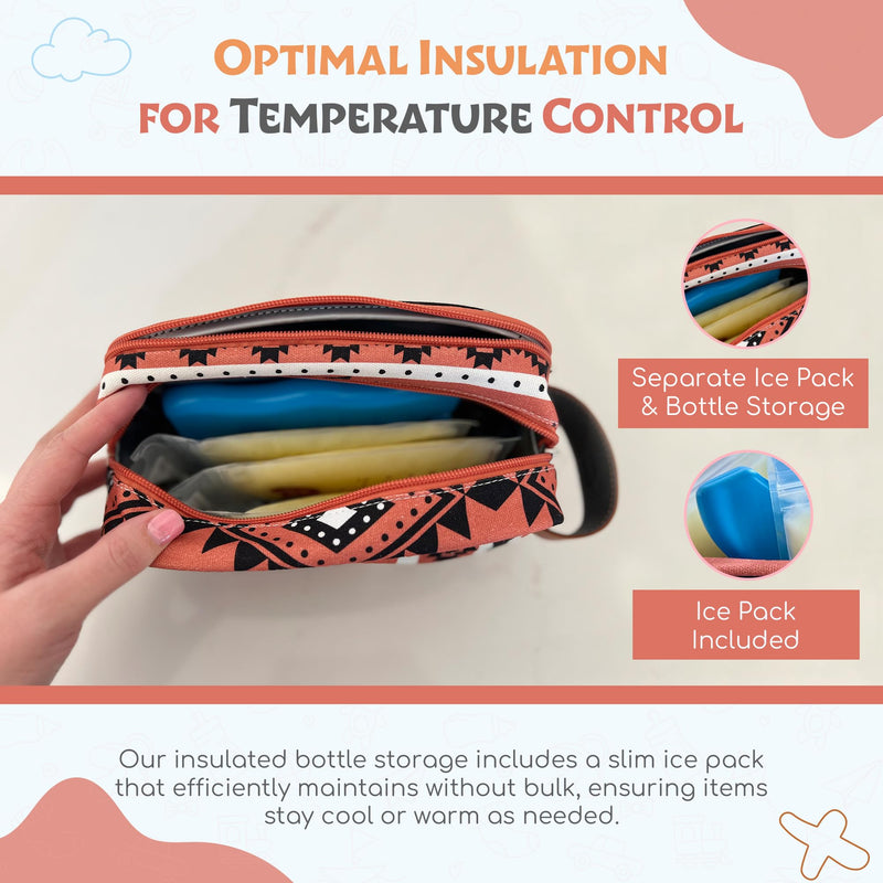 Breastmilk Cooler Bag with Ice Pack Fits 4 Baby Bottles - Dual Pocket Insulated Breast Milk Cooler Travel Bag - Beautiful Printed Breastmilk Storage Bottle Bag Burnt Orange - BeesActive Australia
