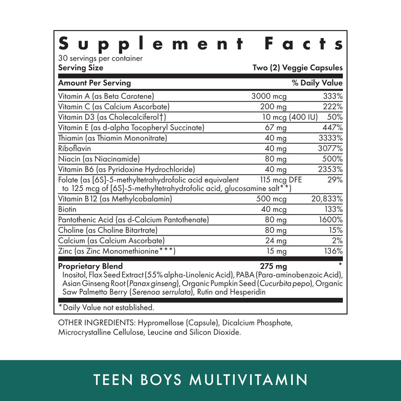 Michael's Health Naturopathic Programs Teen Boys - 60 Vegetarian Capsules - Daily Multivitamin Supplement - Kosher - 30 Servings