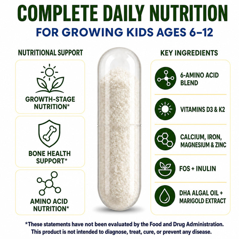 Height Growth Supplement, Bone Strength Support for Ages 6–12 | Premium Multivitamin Formula with L-Lysine, Vitamins D3 & K2, Calcium and Amino Acids for Nutritional Support, 120 Capsules 60 Count (Pack of 2)