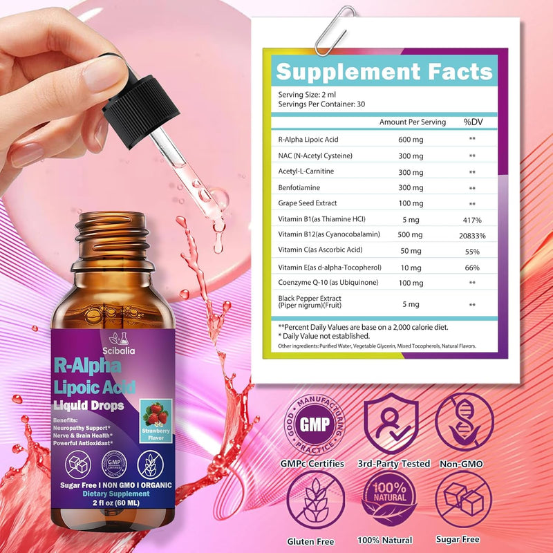 2 Pack R Alpha Lipoic Acid 600mg Liquid Drops for Neuropathy, Advanced 11-in-1 Stabilized R-ALA Supplement w. Benfotiamine Acetyl L-Carnitine Vitamin C E for Antioxidant Nerve Brain Energy Health Strawberry 2 Fl Oz (Pack of 2)