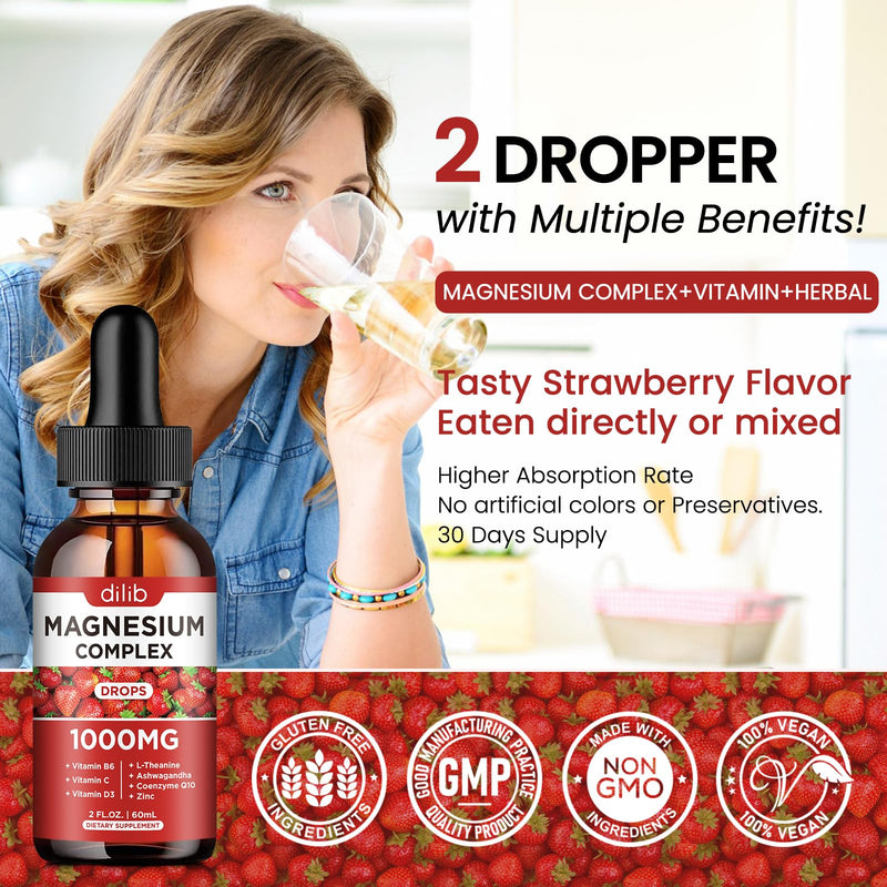 Triple Magnesium Complex Supplement, Magnesium Glycinate, Blend, Citrate Liquid Drops 1000mg with Ashwagandha, CoQ10, Vitamin B6, C, D, Zinc -Support Calm Stress Relief, Bone, Muscle, Mood Vegan Strawberry 2 Fl Oz (Pack of 1)