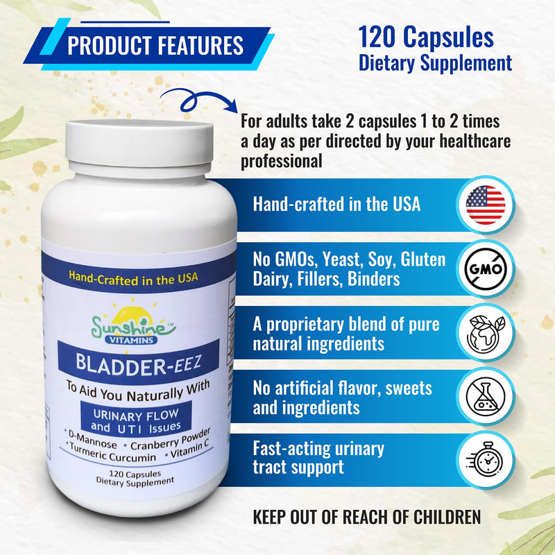 Bladder-EEZ | All-Natural Bladder Infection UTI Relief Support for Women with D-Mannose | Urinary Tract Infection Health with Immune System Support (1 Bottle of 120 Capsules)