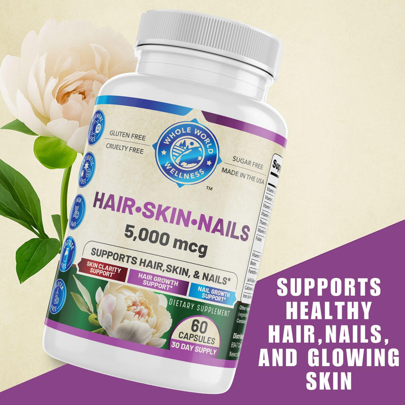 Healthy Hair Skin and Nails Supplement for Women & Men | Supports Skin Clarity, Hair Growth, and Nail Strength | Biotin 5000mcg | 60 Capsules | Made in The USA.