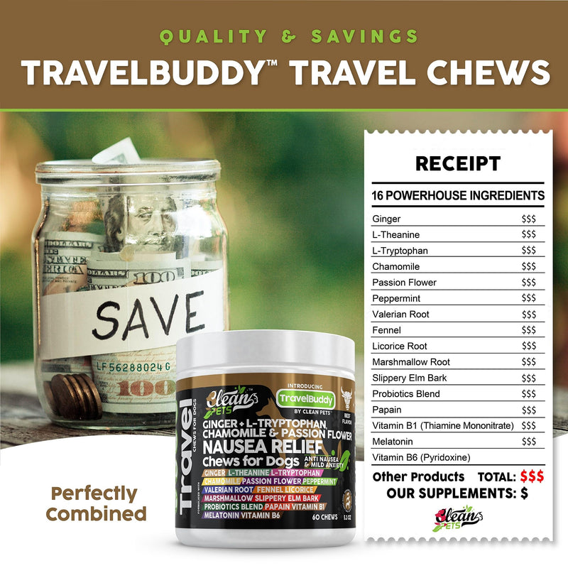Clean Pets Travel Chews Nausea Relief for Dogs | Ginger L-Tryptophan Chamomile Passion Flower L-Theanine Peppermint Valerian Root Fennel Licorice Root Marshmallow Root Slippery Elm Melatonin Chew 60 Count (Pack of 1)
