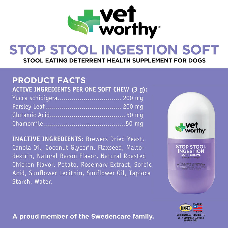 Vet Worthy Coprophagia Deterrent for Dogs - Pet Supplement with Chamomile, Yucca Schidigera to Stop Stool Eating for Dogs - Contains Parsley to Naturally Freshen Breath - 60 Soft Chews