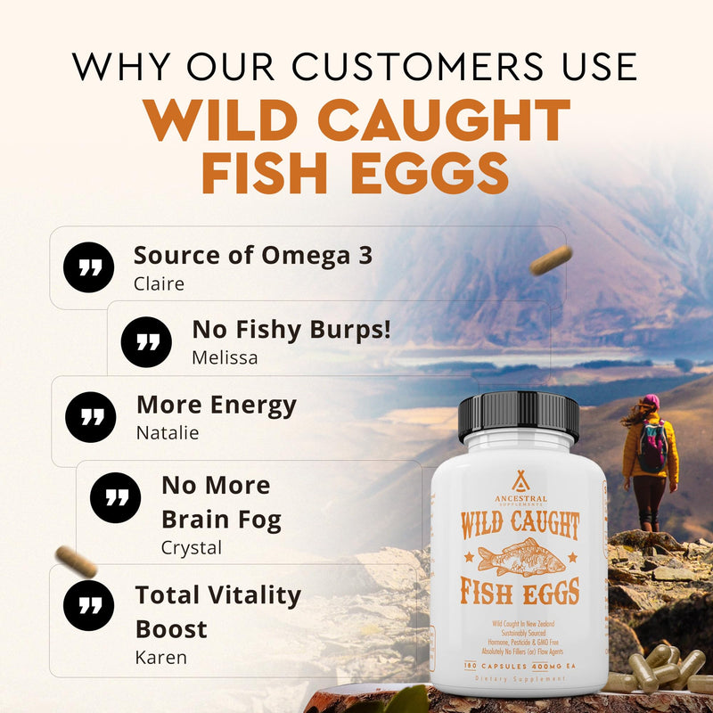 Ancestral Supplements Wild Caught Fish Eggs, Omega-3 Supplement, 180 Ct | 2400mg omega-3 fatty acids with EPA & DHA support brain, heart and fertility health, plus vitamin D, K2 and A. 180 Count (Pack of 1)