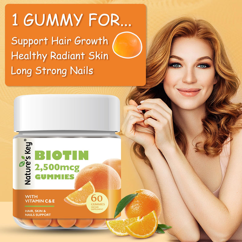 Nature's Key Biotin Gummies with Vitamin C and E, Support Hair Nails Growth & Beautiful Skin for Women Men and Kids, Vegan, Orange Flavors 60 Count 60 Count (Pack of 1)