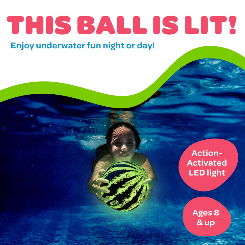 Watermelon Ball Lit - Glow in The Dark Pool Toy for Kids Ages 8-12, Teens, Adults - 9 Inch Swimming Pool Game for Family Fun 9" 9" Green LED Light-Up - BeesActive Australia