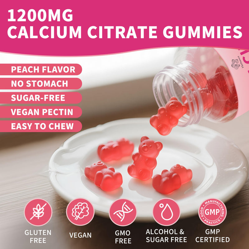 Pure Calcium Citrate 1200 mg Gummies for Adults Kids, High Absorption Calcium Supplements for Women & Men, Sugar Free, Non-GMO, Gluten Free, Supports Bone,Teeth,Muscle & Immune - Peach Flavor, 2 pack. 60 Count (Pack of 2)