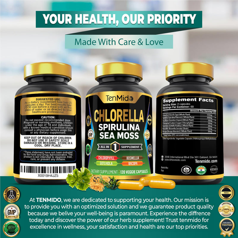 Chlorella Supplement for Men and Women - 7in1 Formula with Spirulina, Sea Moss, Chlorophyll, Gotu Kola, Boswellia & Bacopa - Immune Support - Rich in Nutrient, Vitamins - 120 Capsules