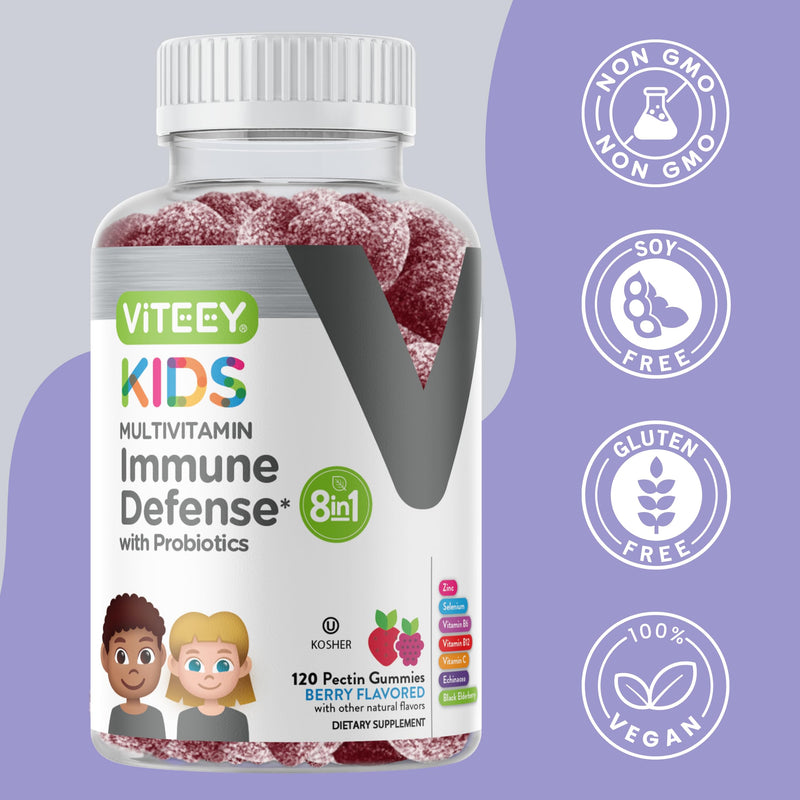 Viteey Kids Multivitamin Gummies with Probiotics - 8-1 Kids Vitamins Gummy | for Immune Health Support with Vitamin C, Echinacea, B12, B6, Zinc, Elderberry, Selenium - Vegan - Chewable Berry Flavored 120 Count (Pack of 1)