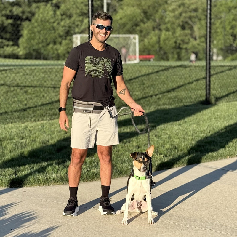 Tails & Tales Hands Free Dog Leash with Lightweight Waist Pouch for Walking Running Hiking, Adjustable Belt 25-45", Dual Padded Handles, Reflective Bungee Design for Small to Large 100lb Dogs (Gray) Gray - BeesActive Australia