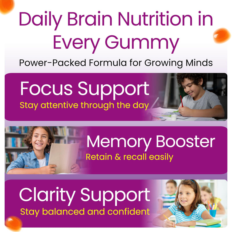 B.Focus Omega 3 for Kids & Teens, DHA Gummies, Kids Attention and Focus Supplement, Memory and Concentration Support, Children Gummies, Orange Flavor, 60 Count