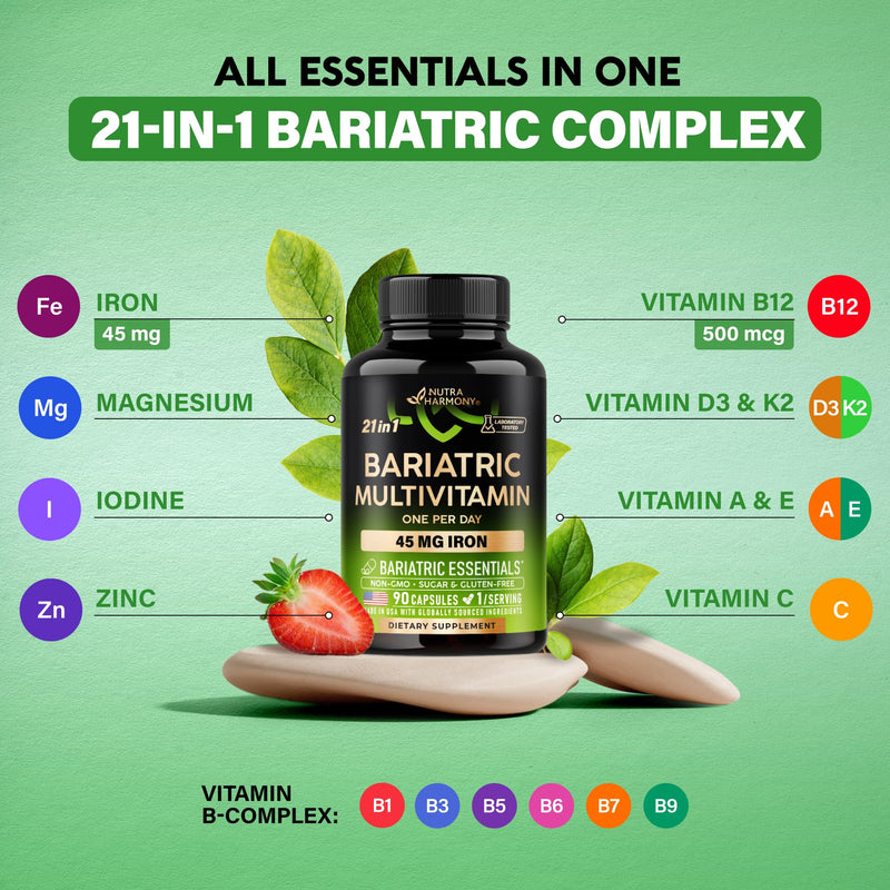 Bariatric Multivitamin with Iron 45mg - 21in1 Bariatric Complex - 90 Caps | Bariatric Vitamins for Women & Men - Lab Tested - Gastric Sleeve Support - Free of Sugar, Gluten & Soy - 1/Day 90 Count (Pack of 1)