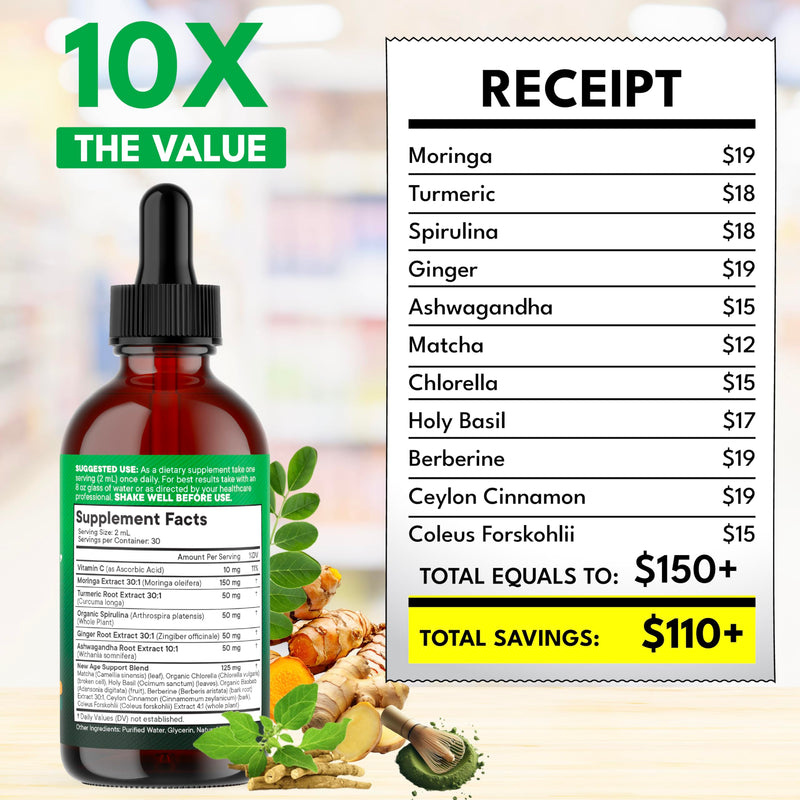 Moringa Supplement Drops - Ashwagandha, Spirulina, Chlorella, Turmeric & Ginger Liquid Barley Grass with Chlorophyll, Matcha, Algae, Vitamin C Antioxidant, Holy Basil, Ceylon Cinnamon - 2fl Oz 2 Fl Oz (Pack of 1)