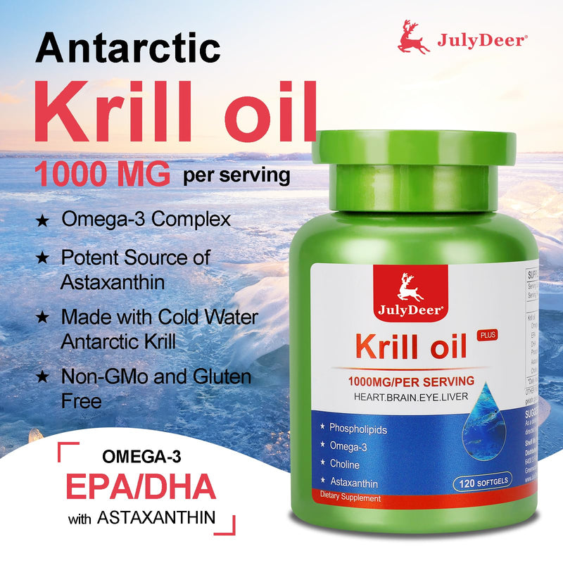 JulyDeer Krill Oil 1000 mg with Omega 3 Antarctic Krill No Fishy Aftertaste | 120 Softgels with EPA, DHA, Astaxanthin and Phospholipids Supplement for Joint, Heart, Brain and Immunity 120 Count(pack 1)