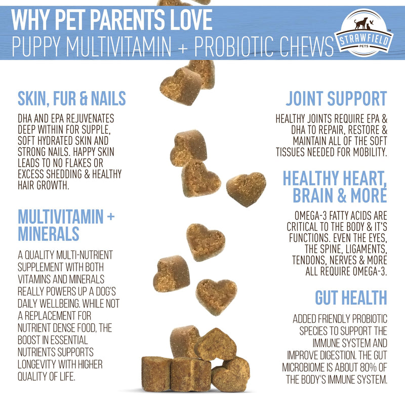Strawfield Pets Puppy Multivitamin + Probiotics for Dogs Puppy Vitamins with Joint Support Supplement for Dogs & Puppies Peanut Butter Flavor 120 Crumbly Soft Chews Mild Peanut Butter