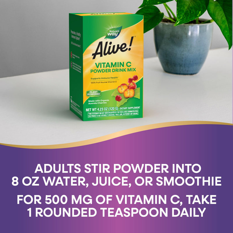 Nature's Way Alive! Vitamin C Powder Drink Mix, Immune Support*, 4.23 Oz | Antioxidant Support & Promotes Collagen Production for Healthy Skin*, Organic, 100% from Acerola Cherry, Zero Sugar, Vegan