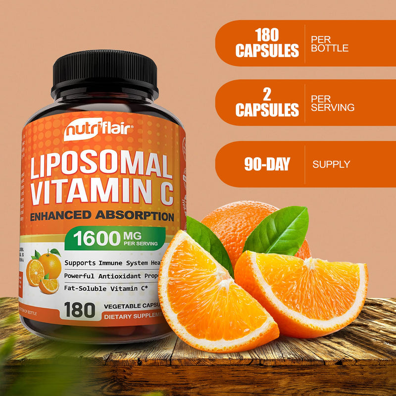 NutriFlair Liposomal Vitamin C 1600mg, 180 Capsules - High Absorption, Fat Soluble VIT C, Antioxidant Supplement, Higher Bioavailability Immune System Support & Collagen Booster, Non-GMO, Vegan Pills 180 Count (Pack of 1) - BeesActive Australia