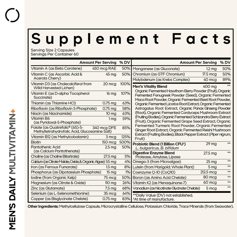 Codeage Men’s Daily Multivitamin – 25+ Essential Vitamins & Minerals, Organic Whole Foods, Probiotics, Omega-3, Zinc, Vitamins A, B, C, D, E & K, 2 Pack