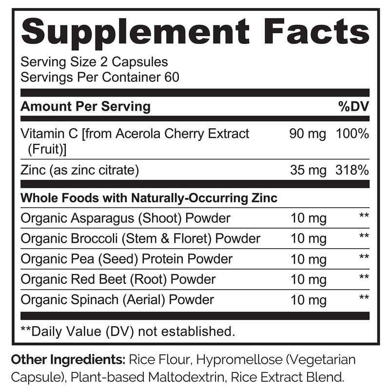 NATURELO Vegan Zinc Immune Support Capsules with Vitamin C 120 Capsules 2Pk | Whole food complex, for healthy skin, hair, and nails, immune system support Unflavored 120 Count (Pack of 2)