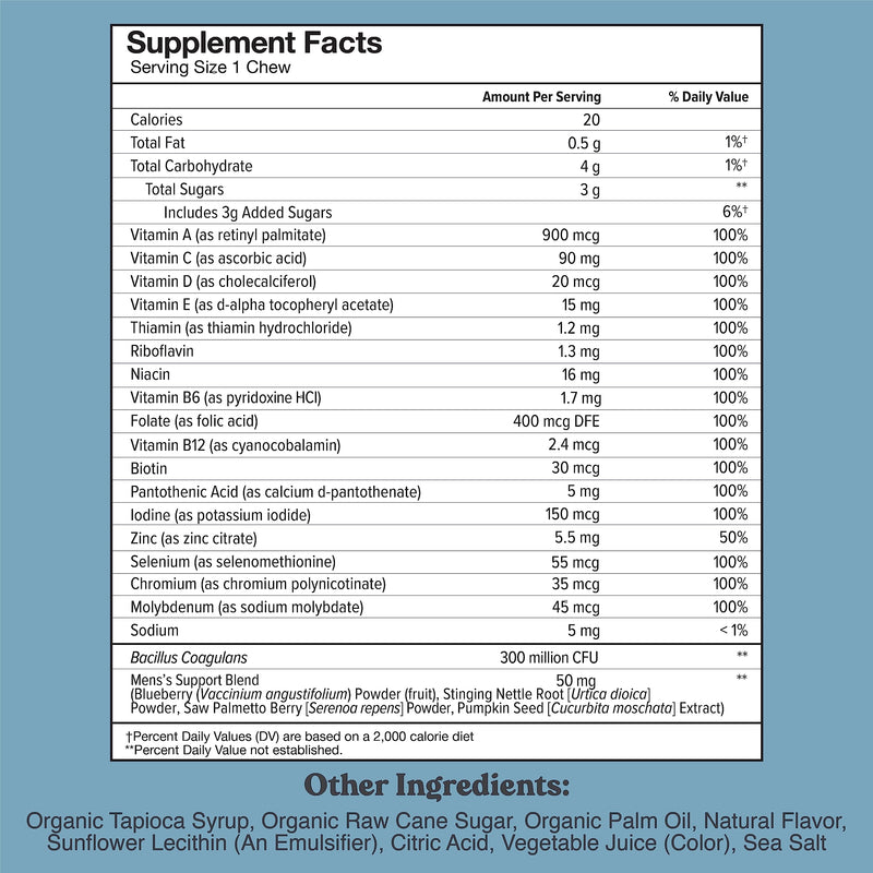 Chewsy - Men's Multivitamin Chews - Immune and Energy Support, Vitamin A, B12, C, D3, E, Probiotics, Saw Palmetto, Zinc - 6-Day Supply Men's Multi 6 Count (Pack of 1)