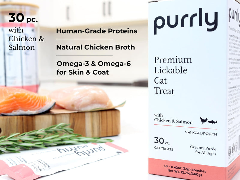 Purrly Hydrating Wet Cat Treat Snack Topper Creamy Purée Human-Grade Chicken Breast & Salmon with Omega-3 & 6 for Skin & Coat (30 Count) Healthy Lickable Squeeze Soft Snack - BeesActive Australia