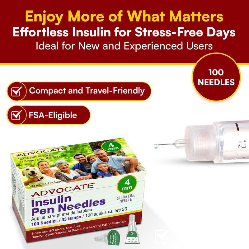 Diabetic Pen Needles 33g 4mm, Extra Lubricated, Tri-Bevel Insulin Needles, Universally Compatible with Insulin Pens for Diabetes Care, Box of 100 33G x 4mm