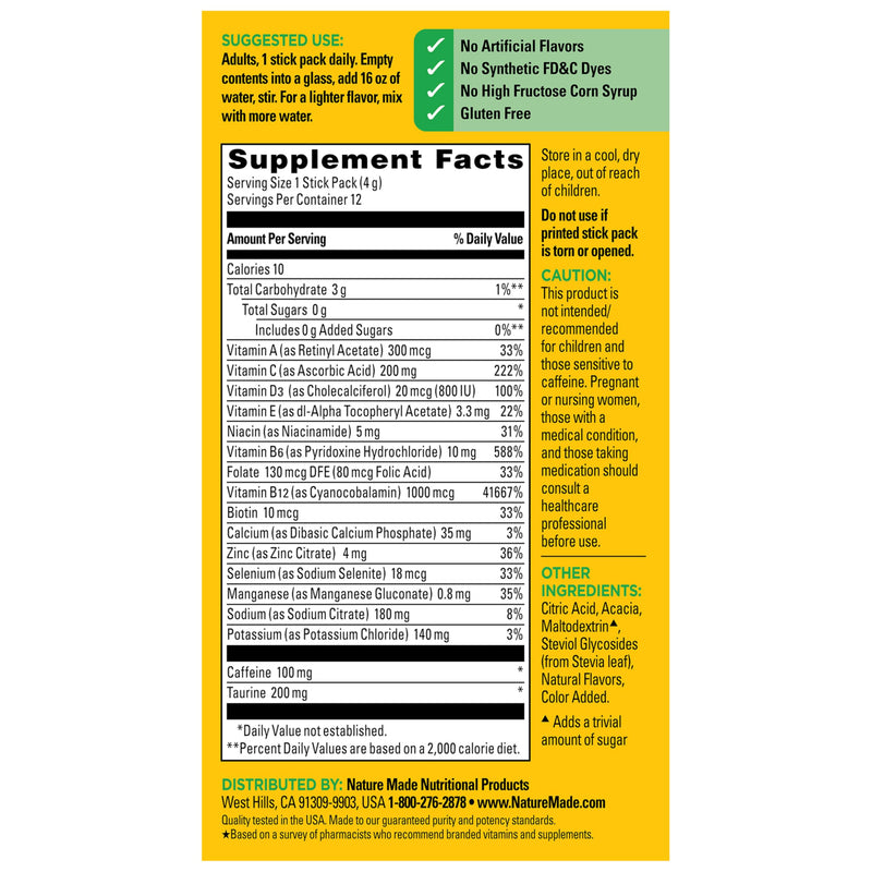 Nature Made Zero Sugar EnergyWell Drink Mix Packets, 12 Count | Caffeine, B Vitamins and Electrolytes Powder, Energy & Hydration Support, 12 Sugar Free Drink Mix Packets, 12 Day Supply