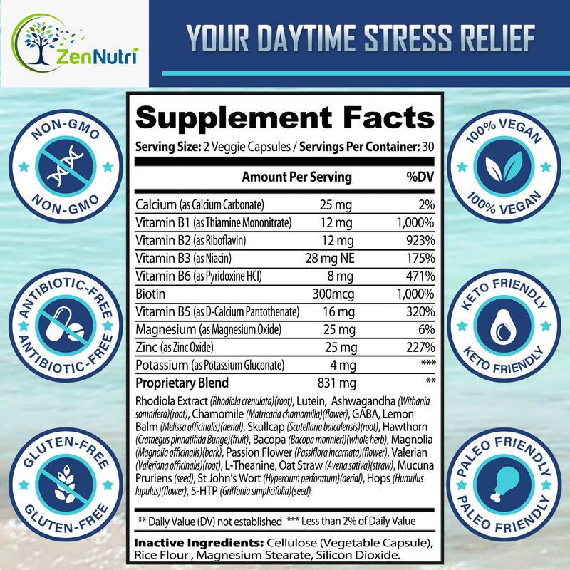 Calm Prime Stress Relief Supplement Non-Drowsy | Mood Support Supplement | Mood Boost | Vegan Daytime Stress Supplements Calm Aid | Stress Vitamins - Ashwagandha, Valerian Root - 60 count - BeesActive Australia