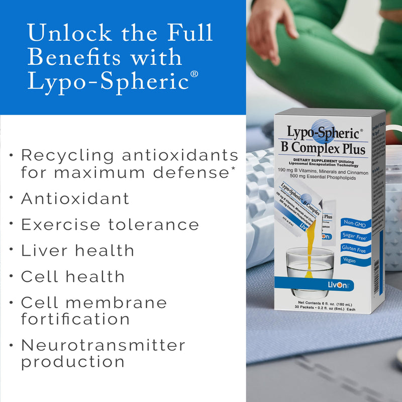 LivOn Laboratories Lypo–Spheric B Complex Plus – 30 Packets – 195 mg B Vitamins, Minerals & Cinnamon Per Packet – Liposome Encapsulated for Improved Absorption – 100% Non–GMO 30 Count (Pack of 1)