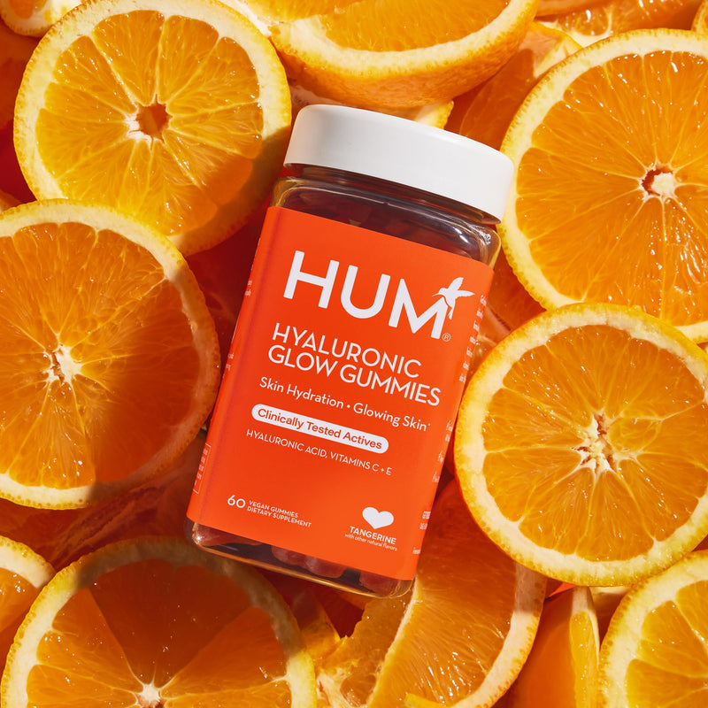 HUM Hyaluronic Glow Gummies Hyaluronic Acid, Vitamin C, Tangerine, 60 Count | Low Molecular Hyaluronic Acid, Vitamin C from Amla Fruit, Vitamin E, Tangerine Flavor, Vegan 60 Count (Pack of 1)
