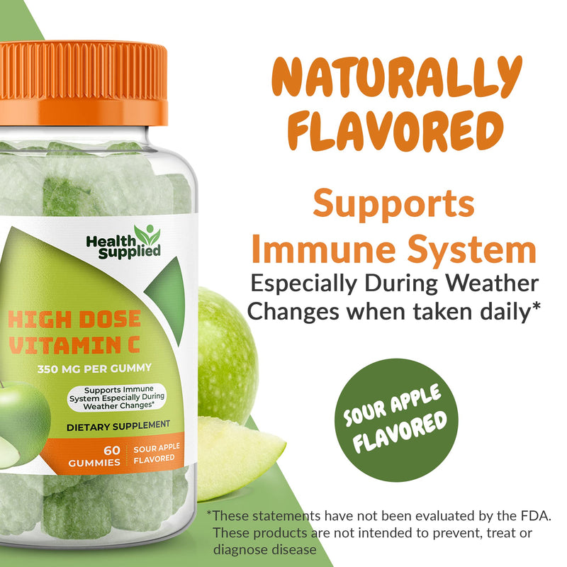 Sour Apple Flavored Vitamin C Gummies Mega Dose - 1050 mg Vitamin C - Boosts Immune System and Supports Heart Health - Great Tasting and Easy to Swallow Sour Apple 60 Count (Pack of 1)