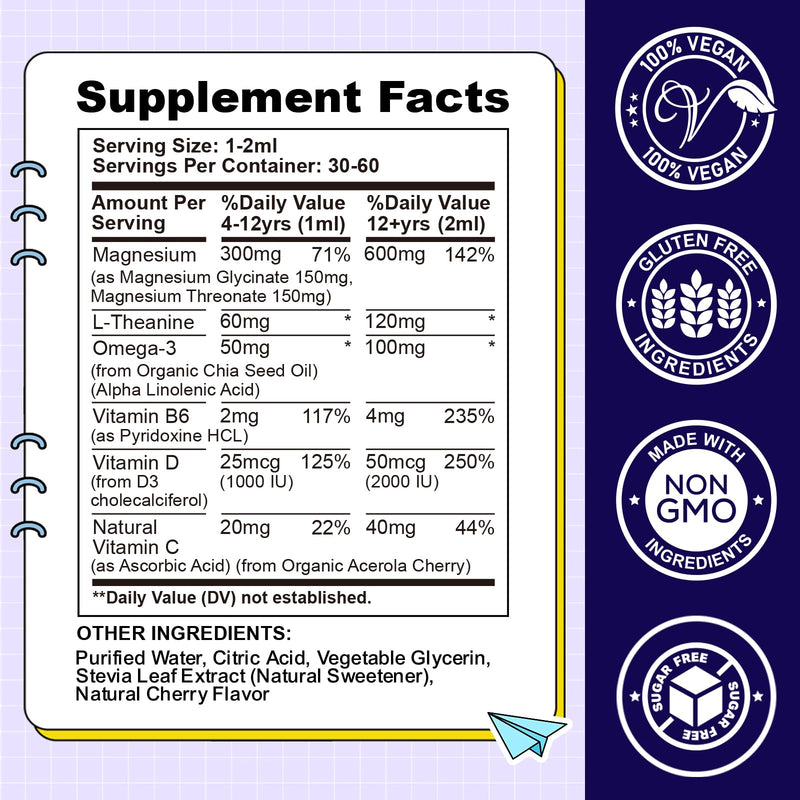 Kids Magnesium Liquid Drops-Magnesium Glycinate Liquid for Kids Supplement-w/L-theanine, Omega-3, Vitamin B6, D3 - for Sleep, Relaxation, Brain, Bones - Cherry Flavor, 2 Fl Oz 2 Fl Oz (Pack of 1)