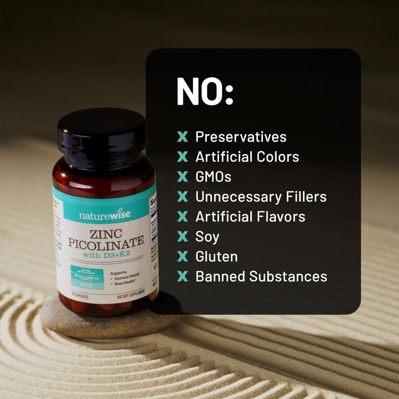 NatureWise Zinc Picolinate with D3 + K2 - Zinc Supplements for Men & Women + Vitamin D3 K2 - Supports Immune & Bone Health* - Non-GMO, Gluten Free, USA Manufactured - 30 Capsules[30 Day Supply] Unflavored 30 Count (Pack of 1)