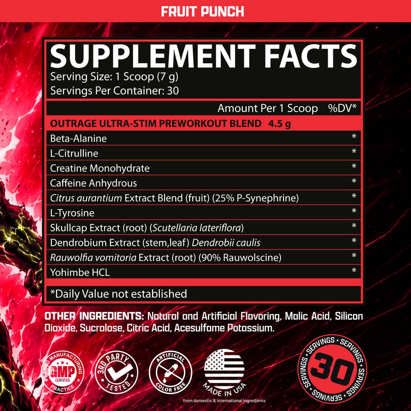 Outrage Ultra HIGH STIM Pre-Workout Powder for Men Fruit Punch | 400mg Caffeine, L-Citrulline, Beta-Alanine, Creatine | Extreme Energy, Focus, Strength & Endurance | 30 Servings 8 Ounce (Pack of 1)