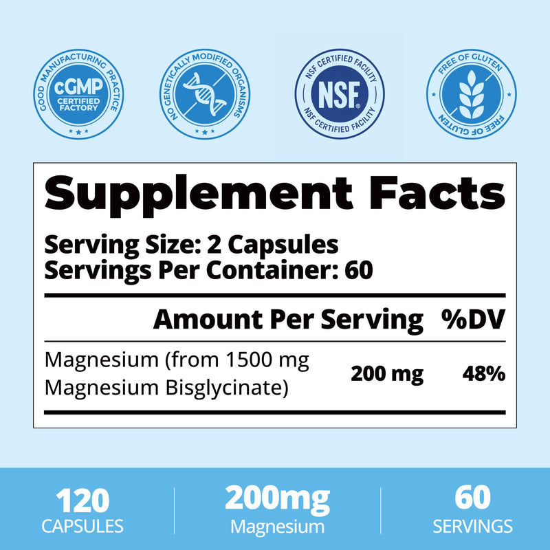 Magnesium Glycinate 200mg for Men & Women, High Absorption 120ct | Gentle on Stomach & 100% Chelated Magnesium for Deep Sleep, Muscle Cramps & PMS. 3rd Party Tested, Vegan, Non-GMO, No Fillers