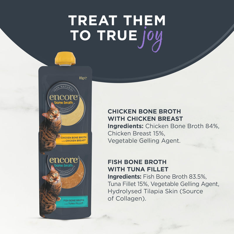 Encore Natural Bone Broth Mixed Selection for Cats, 4x85g Cat Soup Supports Joints, Digestion and Hydration, High in Collagen, Chicken and Tuna in Spout Pouch