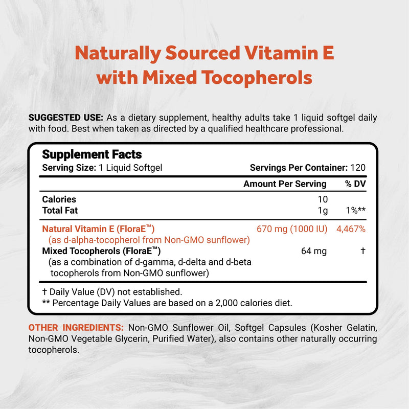 Naturalis Sunflower Vitamin E 670mg (1000 IU) with Mixed Tocopherols | Essential Skin Vitamin & Immune Support | Non-GMO, Soy & Gluten Free | 120 Softgels 1000 IU 120 Count (Pack of 1)