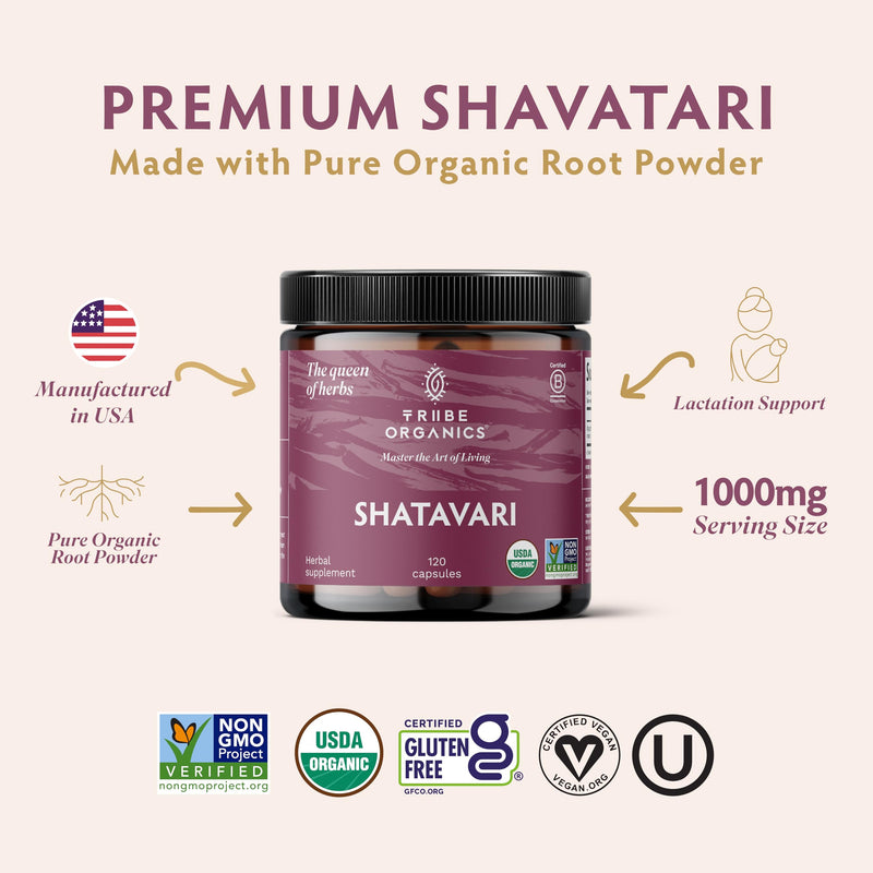 TRIBE ORGANICS Organic Shatavari Herbal Supplement - Hormonal Balance | Women‚Äôs Reproductive Health | Lactation | Immune & Inflammatory Support - Non-GMO USDA Organic 120 Vegan Capsules