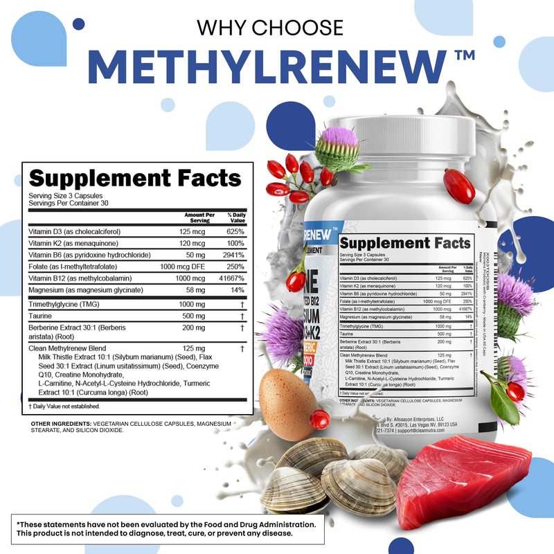Clean Nutra TMG Supplements 1000mg | Methylated Multivitamin for Women Men | Taurine B6 Vitamins B12 D3 K2 Trimethylglycine Magnesium Methylfolate Milk Thistle NAC COQ10 B Supplement Complex Capsules